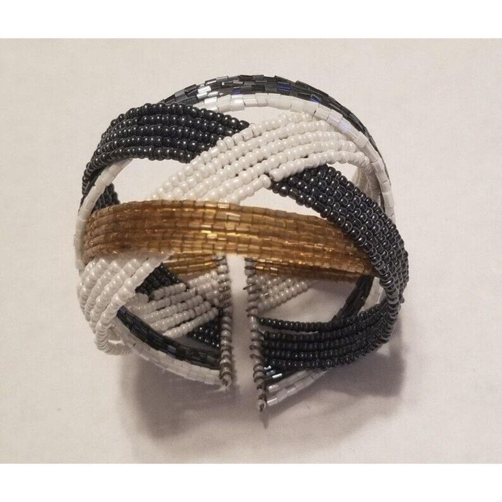 VTG White, Gold, Black Tone Bracelet Twisted Beaded Cuff Band Wide Retro‎ Bangle